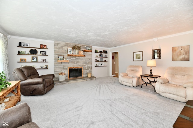 1910 Ivy Dr, Anderson, IN 46011 - carpeted living room with crown molding, a fireplace, a textured ceiling, and built in shelves