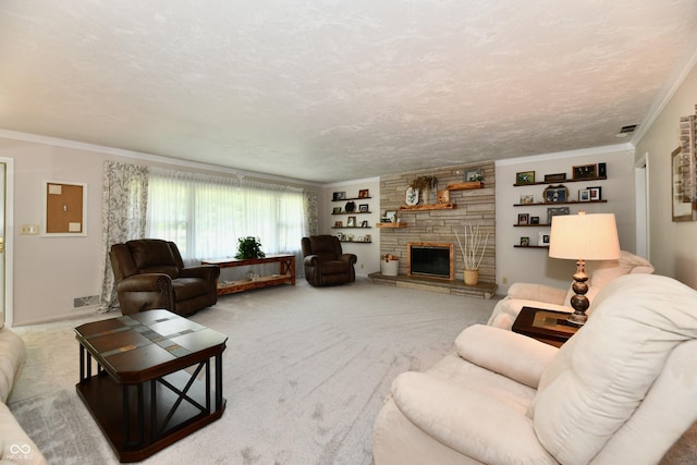 1910 Ivy Dr, Anderson, IN 46011 - carpeted living room with crown molding, a stone fireplace, and a textured ceiling