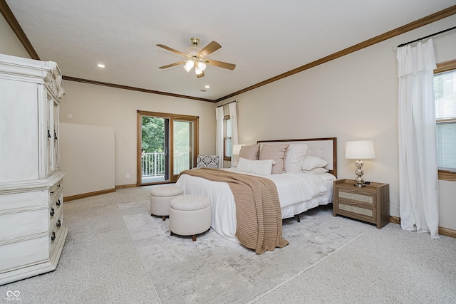 815 Copperfield Ln, Danville, IN 46122 - bedroom featuring access to outside, ornamental molding, light colored carpet, a ceiling fan, and recessed lighting