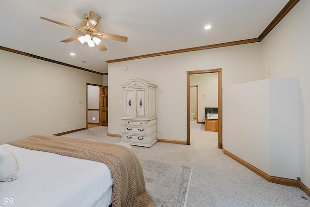 815 Copperfield Ln, Danville, IN 46122 - bedroom featuring ornamental molding, light carpet, recessed lighting, and ceiling fan