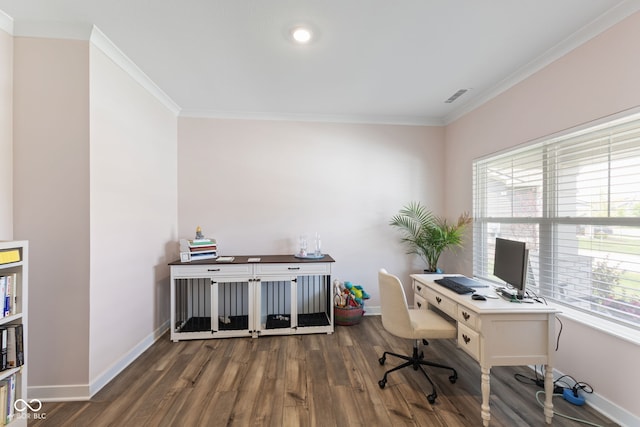 home office with baseboards, wood finished floors, and ornamental molding