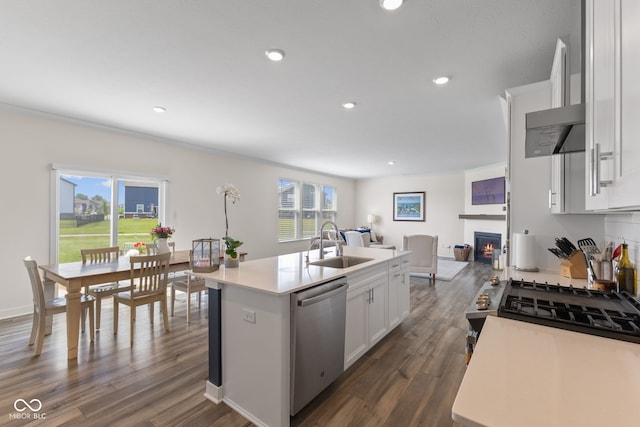 kitchen with stainless steel dishwasher, a sink, a lit fireplace, white cabinets, and dark wood finished floors