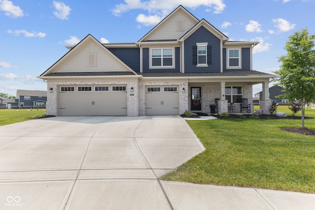 craftsman-style house with concrete driveway, brick siding, a porch, a front lawn, and an attached garage