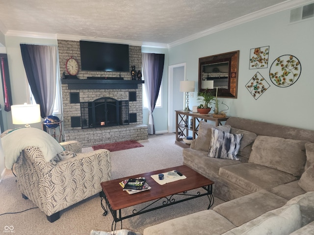7870 E County Road 150 S, Avon, IN 46123 - carpeted living room featuring crown molding, a brick fireplace, a textured ceiling, and healthy amount of natural light