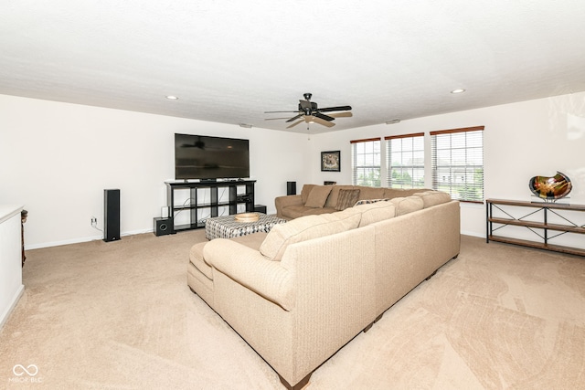 15097 Thoroughbred Dr, Fishers, IN 46040 - living room with light colored carpet, a ceiling fan, and recessed lighting