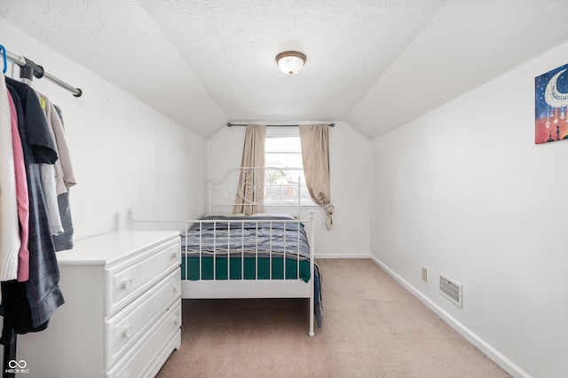 6640 E Washington St, Indianapolis, IN 46219 - bedroom featuring light colored carpet, lofted ceiling, baseboards, and a textured ceiling