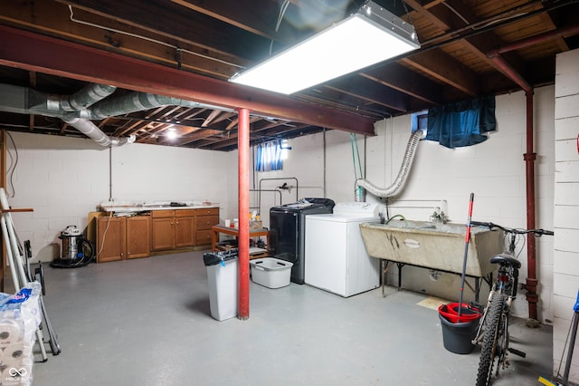 6640 E Washington St, Indianapolis, IN 46219 - unfinished below grade area featuring washer and dryer, a sink, and concrete block wall