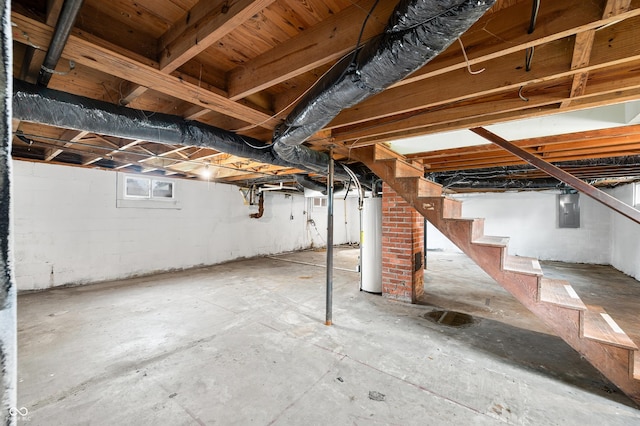 801 N Park St, Seymour, IN 47274 - below grade area with electric panel, gas water heater, and stairway