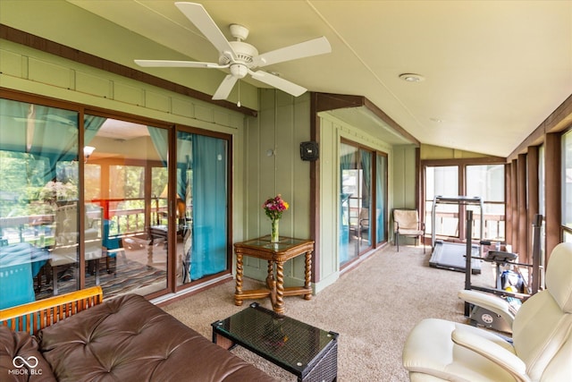 4965 Hawthorne Way, Avon, IN 46123 - sunroom / solarium featuring ceiling fan, carpet flooring, and vaulted ceiling