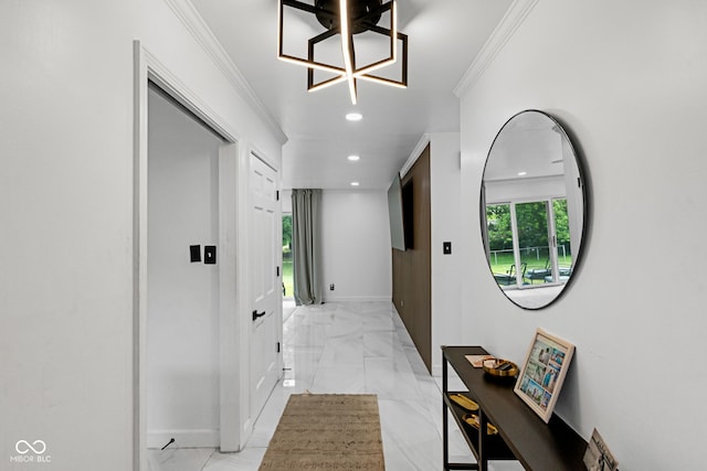 3141 Citadel Ct, Indianapolis, IN 46268 - hallway with recessed lighting, light marble finish flooring, and ornamental molding