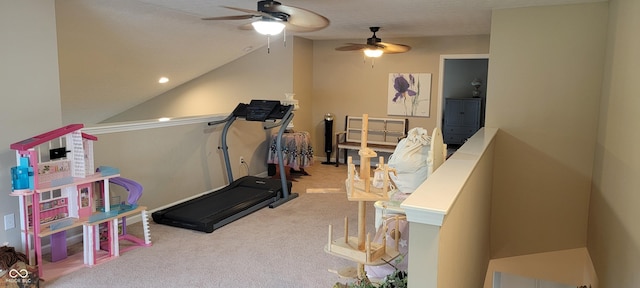 4232 Parliament Way, Avon, IN 46123 - workout room featuring ceiling fan, carpet flooring, and lofted ceiling