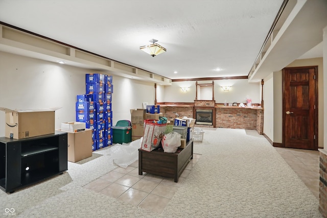 10410 Trillium Ct, Noblesville, IN 46060 - carpeted living area with tile patterned flooring and a brick fireplace