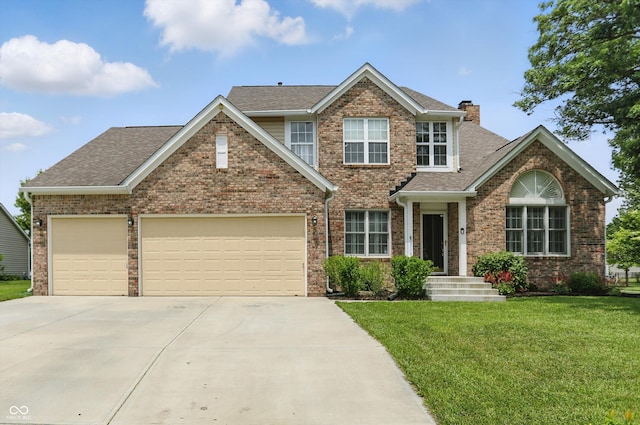 10410 Trillium Ct, Noblesville, IN 46060 - view of front of property with a chimney, a front lawn, driveway, a shingled roof, and an attached garage