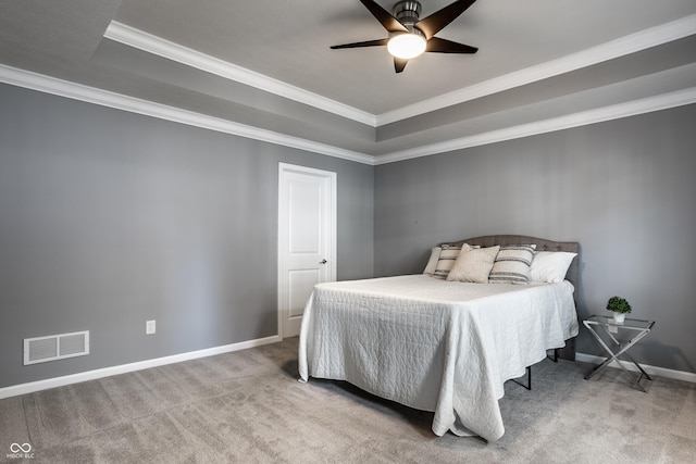 478 Firefly Ln, Carmel, IN 46032 - carpeted bedroom featuring a raised ceiling, crown molding, baseboards, and a ceiling fan