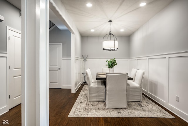 478 Firefly Ln, Carmel, IN 46032 - dining space with a decorative wall, a wainscoted wall, recessed lighting, and dark wood-style flooring