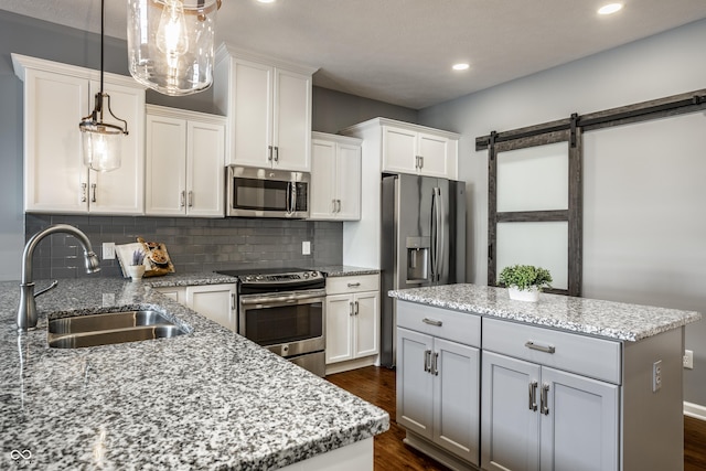 478 Firefly Ln, Carmel, IN 46032 - kitchen featuring stainless steel appliances, a sink, dark wood-type flooring, a barn door, and decorative backsplash