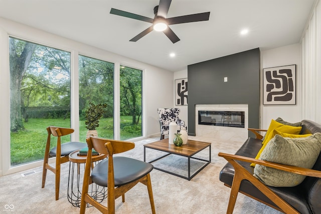 6704 Hoover Rd, Indianapolis, IN 46260 - living area featuring a fireplace, ceiling fan, and recessed lighting