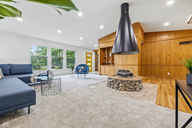 6704 Hoover Rd, Indianapolis, IN 46260 - living area featuring recessed lighting, light wood-style floors, and wooden walls