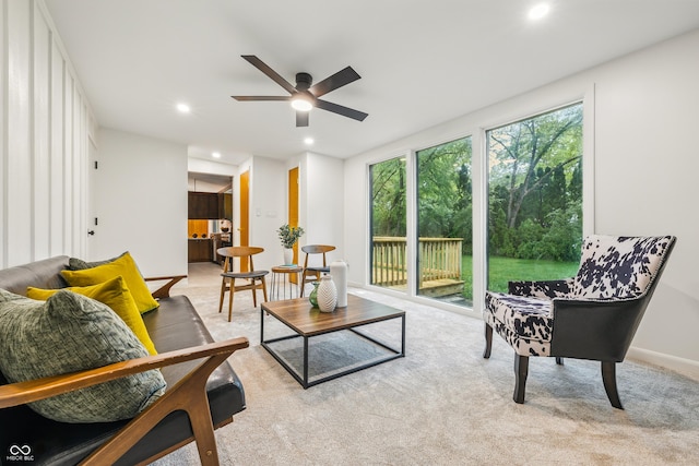 6704 Hoover Rd, Indianapolis, IN 46260 - living room featuring ceiling fan, recessed lighting, and light carpet