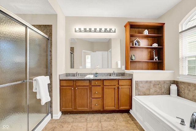 13528 Cuppertino Ln, Carmel, IN 46074 - bathroom featuring a shower stall, double vanity, and a bath
