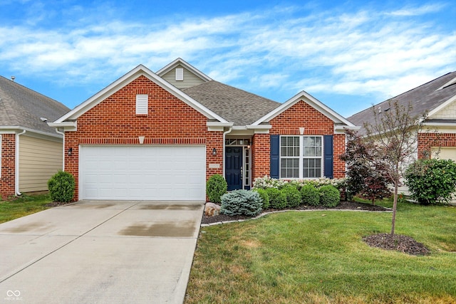 13528 Cuppertino Ln, Carmel, IN 46074 - view of front of house featuring brick siding, a garage, driveway, a front lawn, and roof with shingles