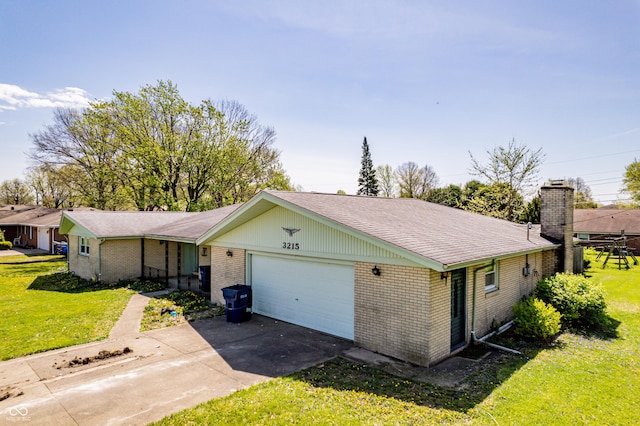 3215 E 10th St, Anderson, IN 46012 - view of front of property with brick siding, a garage, a front lawn, a shingled roof, and driveway
