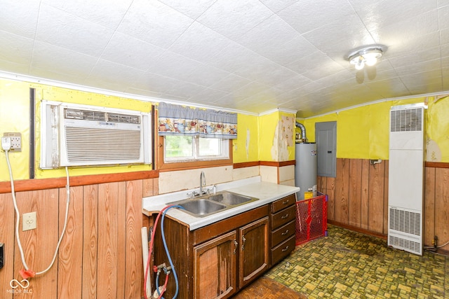 2009 S L St, Elwood, IN 46036 - kitchen with a heating unit, a sink, water heater, wooden walls, and a wainscoted wall