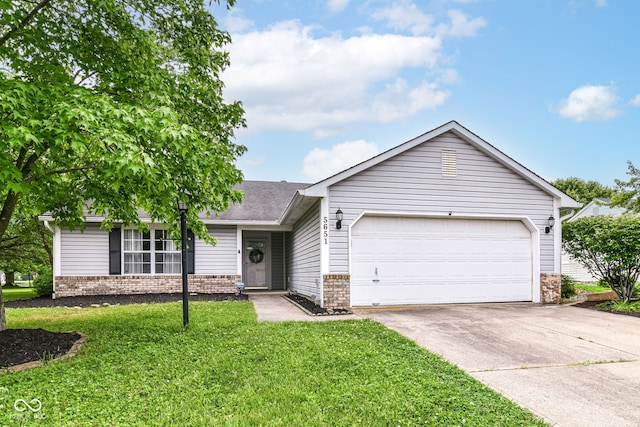 5651 Pine Knoll Blvd, Noblesville, IN 46062 - ranch-style home featuring driveway, a front lawn, brick siding, an attached garage, and a shingled roof