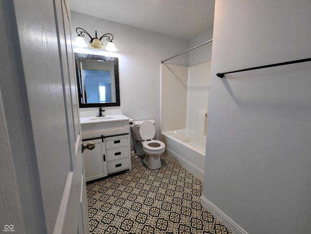 581 Grassy Bend Dr, Greenwood, IN 46143 - bathroom with vanity, toilet, shower / washtub combination, tile patterned floors, and baseboards