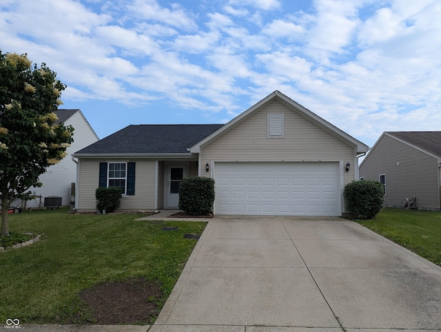 581 Grassy Bend Dr, Greenwood, IN 46143 - ranch-style home featuring driveway, a front yard, a garage, cooling unit, and roof with shingles