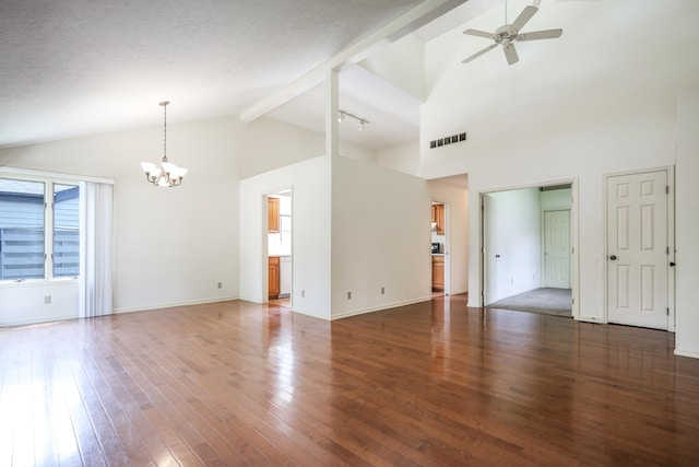 4462 Carya Sq, Columbus, IN 47201 - unfurnished living room with a chandelier, ceiling fan, high vaulted ceiling, wood finished floors, and beamed ceiling
