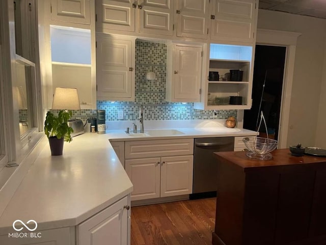 48 N Audubon Rd, Indianapolis, IN 46219 - kitchen featuring stainless steel dishwasher, white cabinetry, light countertops, backsplash, and open shelves