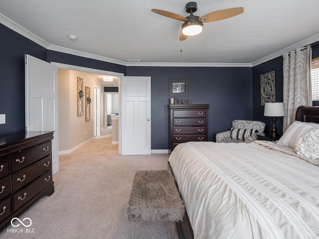 5684 Autumn Trl, Brownsburg, IN 46112 - bedroom featuring light colored carpet, baseboards, ornamental molding, and a ceiling fan