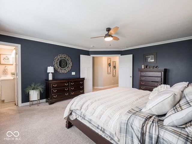 5684 Autumn Trl, Brownsburg, IN 46112 - bedroom with carpet flooring, crown molding, baseboards, ceiling fan, and ensuite bathroom