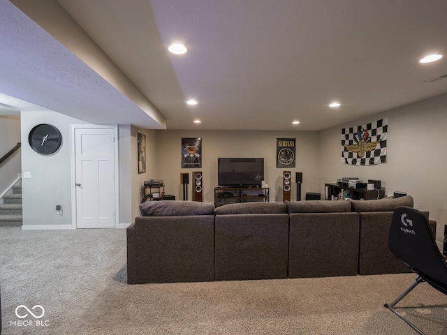 5684 Autumn Trl, Brownsburg, IN 46112 - living area featuring carpet, recessed lighting, stairway, and baseboards