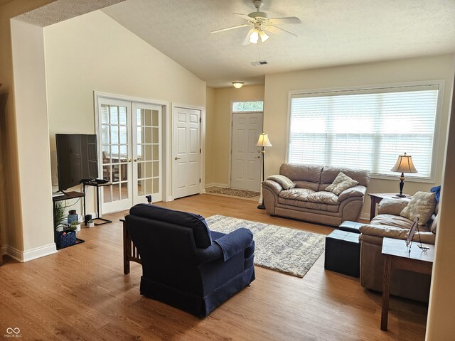 6956 Park Square Dr Unit D, Avon, IN 46123 - living area featuring a ceiling fan, lofted ceiling, wood finished floors, a textured ceiling, and baseboards