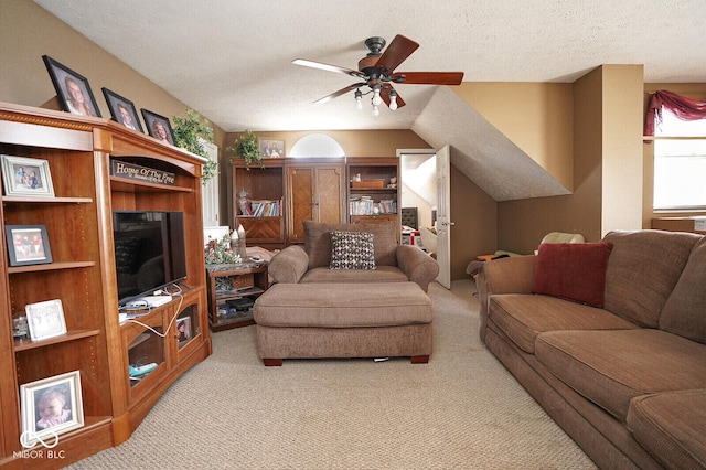 4342 Sequoia Ct, Greenwood, IN 46143 - living room with light colored carpet, a textured ceiling, and a ceiling fan