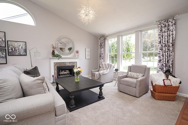 4342 Sequoia Ct, Greenwood, IN 46143 - living area with vaulted ceiling, a fireplace, and baseboards