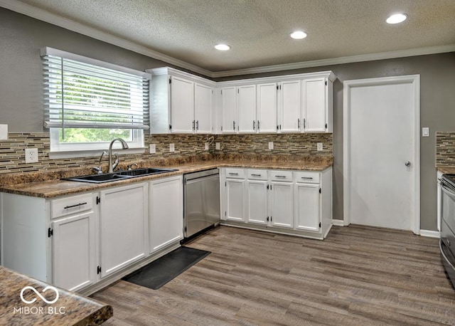 7657 Wheatgrass Ln, Noblesville, IN 46062 - kitchen featuring stainless steel dishwasher, a sink, white cabinetry, crown molding, and a textured ceiling