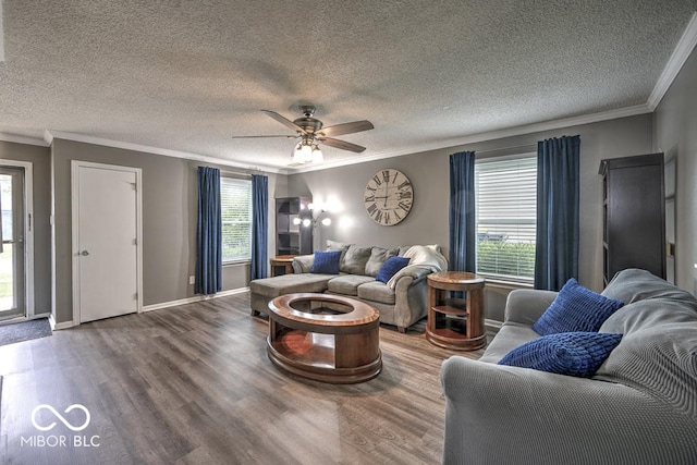 7657 Wheatgrass Ln, Noblesville, IN 46062 - living room with wood finished floors, ornamental molding, a ceiling fan, baseboards, and a textured ceiling