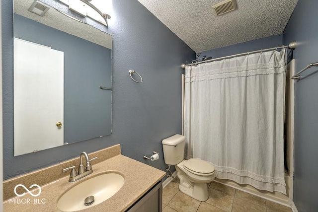 7657 Wheatgrass Ln, Noblesville, IN 46062 - bathroom with a textured ceiling, vanity, toilet, tile patterned flooring, and shower / bath combo