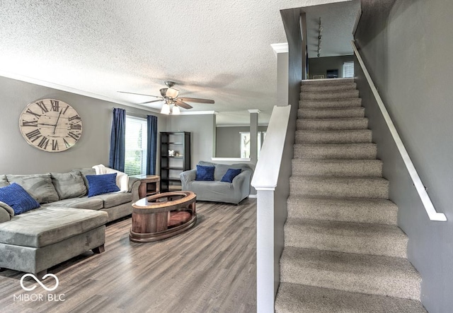 7657 Wheatgrass Ln, Noblesville, IN 46062 - living room with a ceiling fan, stairs, wood finished floors, crown molding, and a textured ceiling