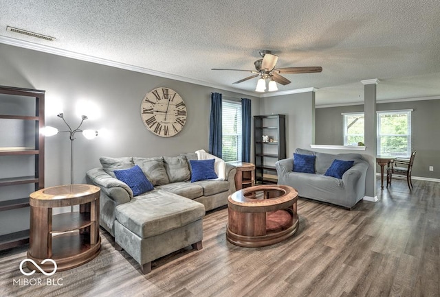 7657 Wheatgrass Ln, Noblesville, IN 46062 - living room featuring wood finished floors, ornamental molding, a ceiling fan, a textured ceiling, and baseboards