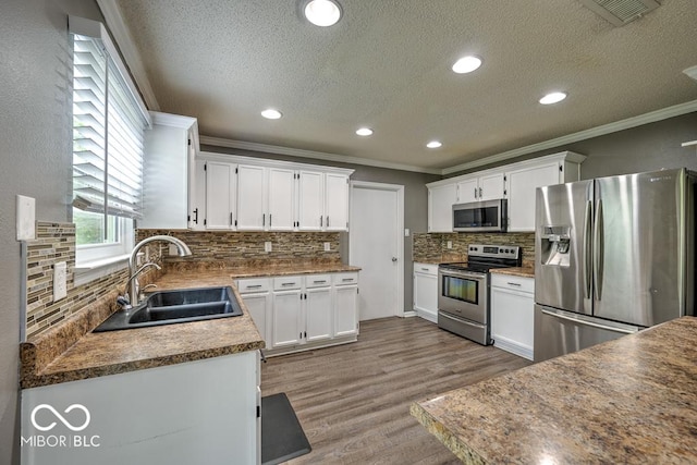 7657 Wheatgrass Ln, Noblesville, IN 46062 - kitchen with appliances with stainless steel finishes, a sink, a textured ceiling, backsplash, and crown molding
