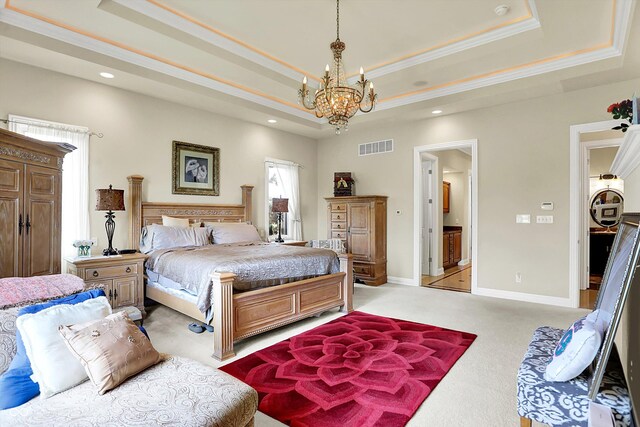 7635 Monte Carlo Way, Indianapolis, IN 46278 - bedroom with a raised ceiling, a chandelier, light colored carpet, recessed lighting, and ornamental molding