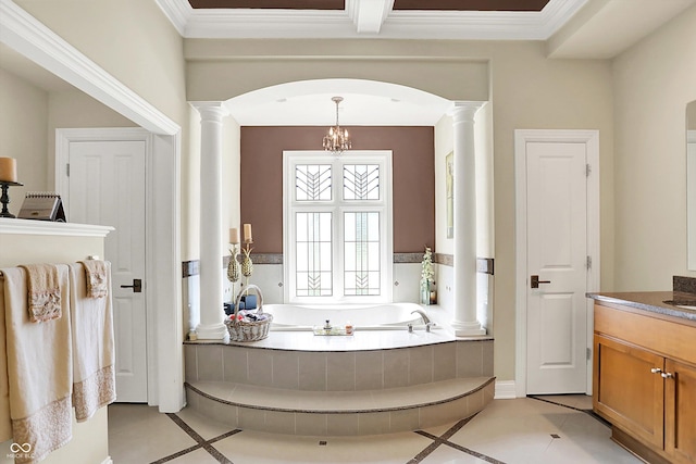 7635 Monte Carlo Way, Indianapolis, IN 46278 - bathroom featuring decorative columns, a garden tub, vanity, tile patterned floors, and inlaid floor details