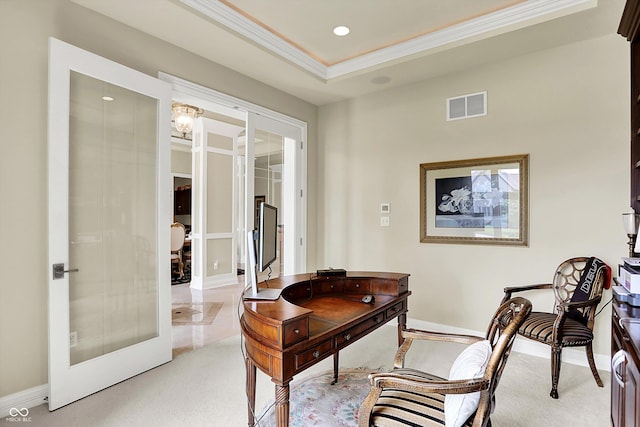 7635 Monte Carlo Way, Indianapolis, IN 46278 - office area with french doors, light colored carpet, crown molding, recessed lighting, and a tray ceiling