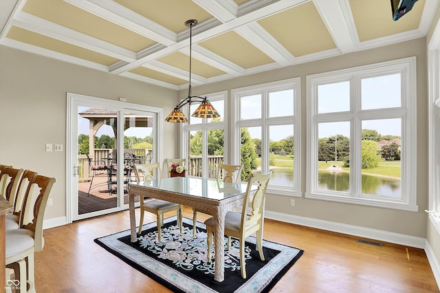 7635 Monte Carlo Way, Indianapolis, IN 46278 - dining room with coffered ceiling, beamed ceiling, light wood-style floors, ornamental molding, and a water view