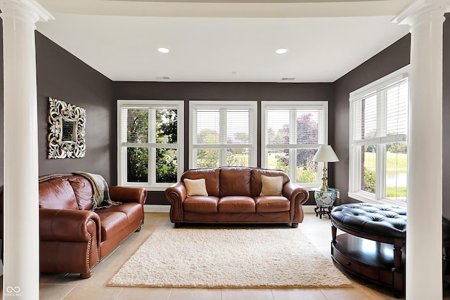 7635 Monte Carlo Way, Indianapolis, IN 46278 - living area featuring ornate columns, light tile patterned floors, and recessed lighting