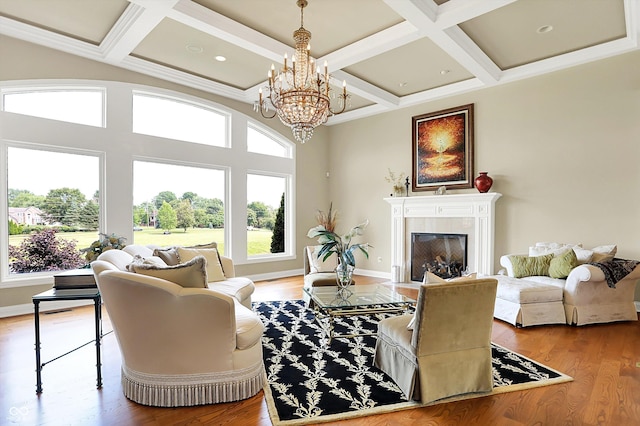 7635 Monte Carlo Way, Indianapolis, IN 46278 - living room featuring coffered ceiling, a chandelier, a fireplace with flush hearth, beam ceiling, and wood finished floors
